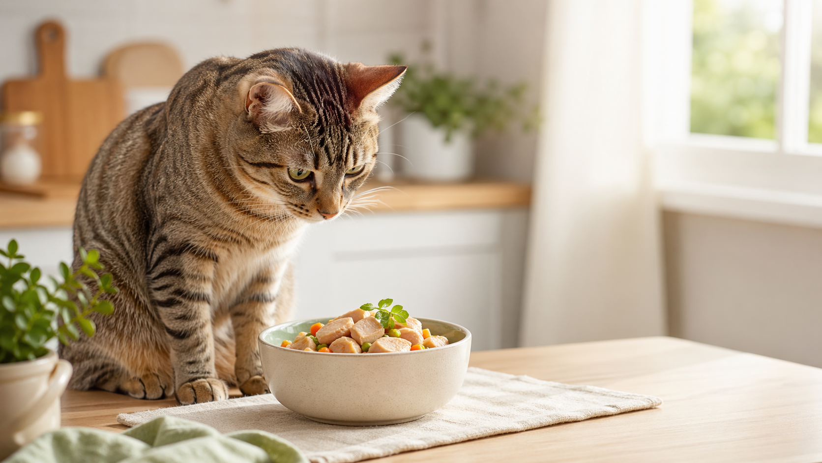 Gato frente a un bowl con comida natural balanceada